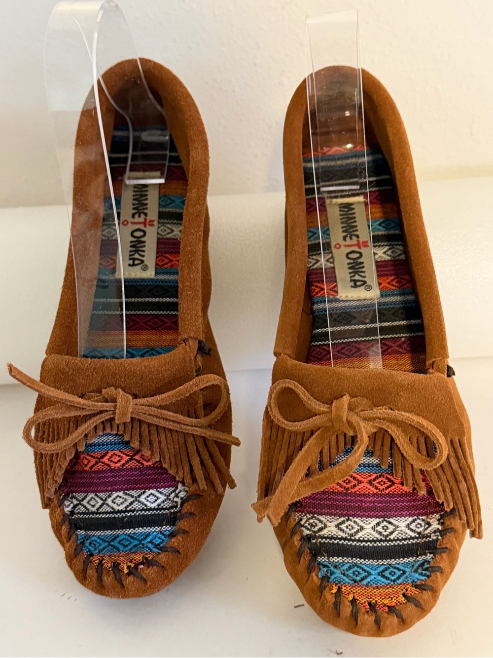 Minnetonka Arizona Kilty Suede Moccasins Brown Aztec Tribal Size 7